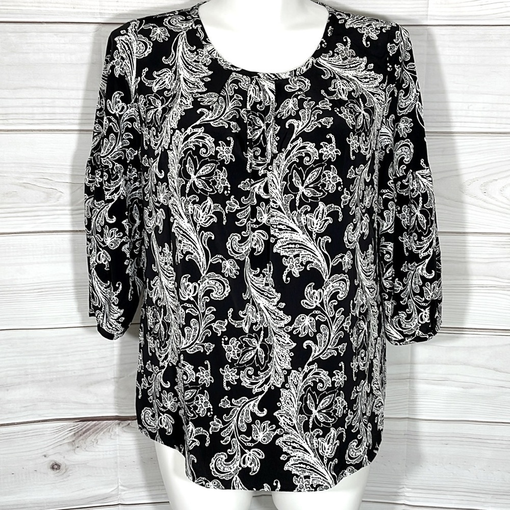 Talbots Black & Beige Floral Paisley Pullover Top